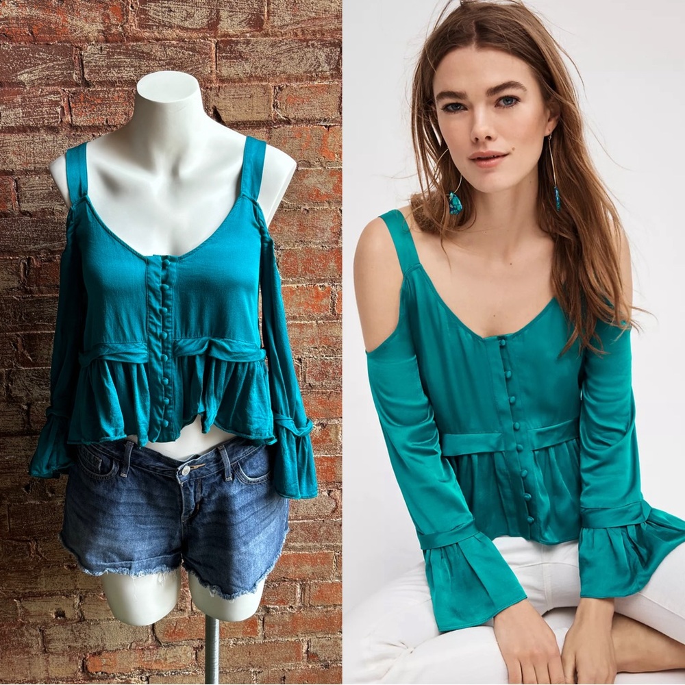 Anthropologie Maeve Bygones Open-Shoulder Blouse in Dark Turquoise